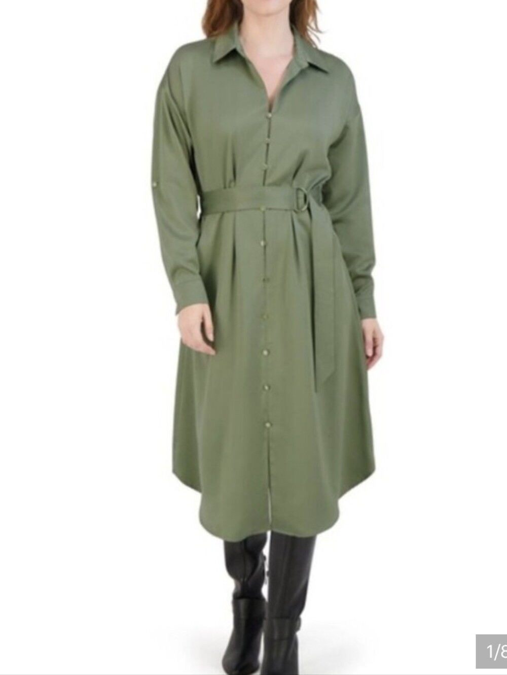 French Connection Olive Green Long Sleeve Shirt Dress with Tie Waist